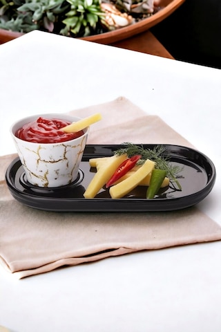 Tilbe Home Oval Sunum Tabağı Konik Sosluk Desenli Sunumluk Sosluk 2'li Set Siyah Beyaz