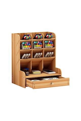 Ahşap Masaüstü Organizatör Çok Fonksiyonlu Kalemlik Kahverengi Kahverengi