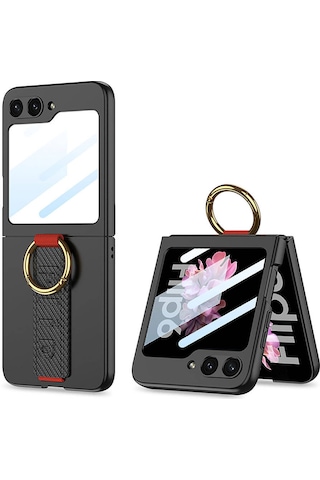 Galxy Uyumlu Z Flip 6 Kılıf Kamera Korumalı Yüzüklü Karbon Tasarımlı Zore Flip Ring Kıpta Kapak-siyah Siyah