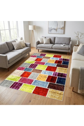 Çok Renkli Patchwork Eskitme Desenli Dijital Baskılı Kaymaz Tabanlı 6 Mm Yıkanabilir Halı