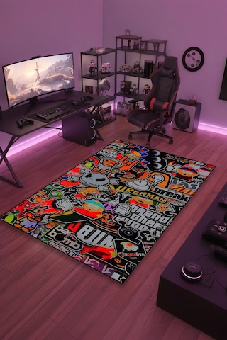 Sticker Bomb Karışık Desen Yıkanabilir Kaymaz Taban Genç Odası Halısı Gnc8