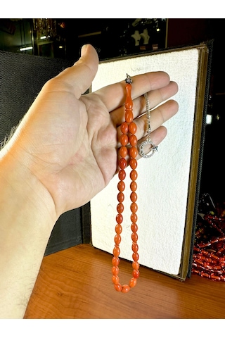 Turuncu Toz Kehribar Tesbih Arpa Kesim T-155