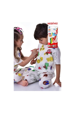 Zuzunga En Sevimli Figürleri Özel Kalemi İle Boyanabilir Yıkama Sonrası Leke Bırakmaz Çocuk Pijama Takımı - Beyaz