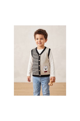 Deniva Kids Unisex Çocuk Çizgili Ve Ayıcık Figürlü Düğmeli Triko Süveter Yelek - Bej 1 Yaş