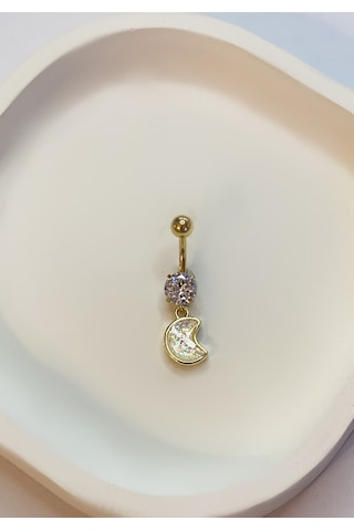 Kadın Ay Ve Tektaş Model Gold Renk Çelik Piercing Gold