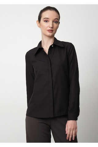 Pera Moda Kadın Slim Fit Pamuklu Ofis Gömleği Koyu Siyah