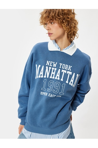 Koton Polo Yaka Sweatshirt Kolej Baskılı Uzun Kollu Mavi 5wal10205ık Mavi