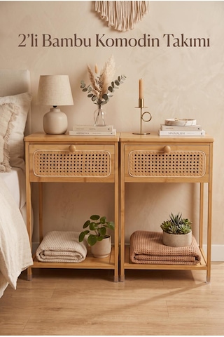 Robin Home Bambu 2'li Hazeran Rattan Çekmeceli Raflı Komodin Seti Bej