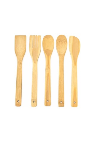5 Parça Bambu Mutfak Kaşık Seti %100 Doğal, Çizilmeye Karşı Korumalı, Isıya Dayanıklı, Hafif, Ergonomik, T