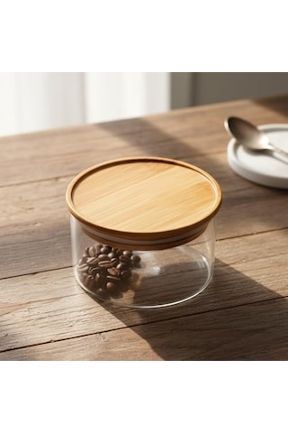 Doğal Bambu Kapaklı Borosilikat Cam Saklama Kabı - 300 Ml Vakumlu Yuvarlak Baharatlık, Çay Ve Kahve Kavanozu Diğer