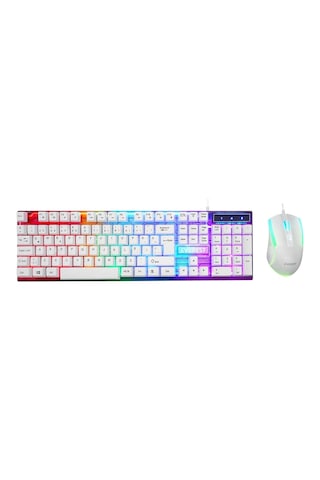 Beyaz Gökkuşağı Işıklı Usb Kablolu Oyuncu Klavye - Mouse Set 5047