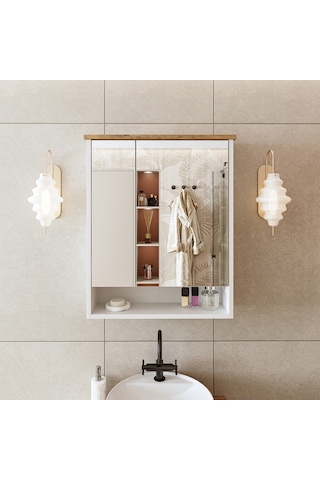 Banos Banyo Kulpsuz 2 Kapaklı Beyaz Mdf 62Cm Aynalı Banyo Üst Dlp Atlantik Çam - Beyaz