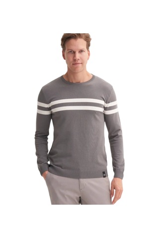 Cazador Slim Fit Viskon Kumaş Basic İki Çizgili Bisiklet Yaka Kazak Gri Melanj