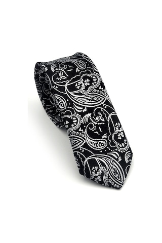 Gaffy Gri Şal Desenli Siyah Dokuma Kumaş Mendilli Slim Fit Kravat // Sdk-2607-1 Siyah
