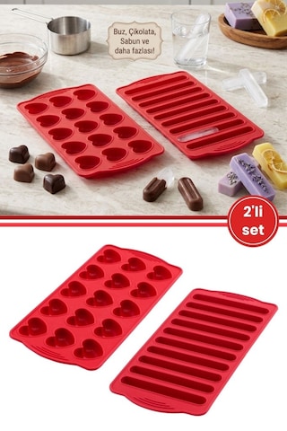 2 Li Silikon Kalp Ve Çubuk Kalıbı Seti, Kalp + Çubuk Buz Çikolata Sabun Silikon Kalıbı Seti Bpa Free Kırmızı