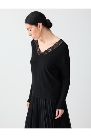 Jimmy Key Jimmy Key Siyah Rahat Kesim V Yaka Dantel Detaylı Örme Bluz 6sw035662900