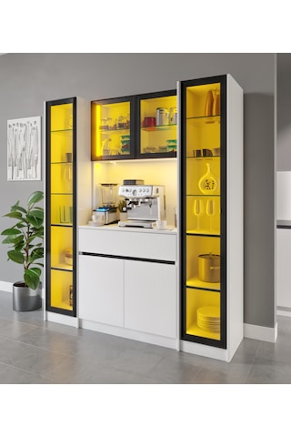 Moon Maxi Kahve Köşesi Komple Mdf Led Aydınlatmalı Mutfak Kahve Dolabı Beyaz