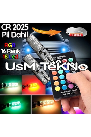 Kumandalı Çakarlı T10 Araç Park Ampulü 2 Adet 18 Led Rgb Led