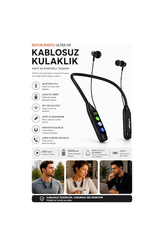 Exenar - Siyah - Boyun Bantlı Ultra Hd Bluetooth Kablosuz Kulaklık Type-c Dijital Ekran Tf Kart 2800 Mah 600 Saat