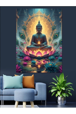 Altın Buda Heykeli Meditasyon Dekoratif Kanvas - Mdf Ahşap Tablo