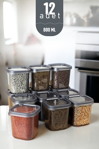 Kaşıklı Kapaklı Erzak Bakliyat Saklama Kabı Kare Saklama Kutusu Seti 12 Adet 800 Ml Antrasit