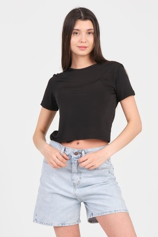 As Collection Siyah Bisiklet Yaka Kısa Kol Sandy Kadın Crop 001