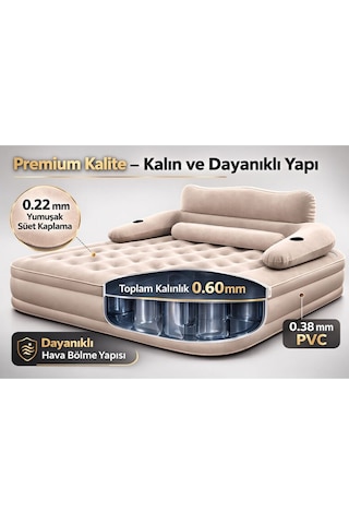 Çift Kişilik Otomatik Şişme Yatak Çıkarılabilir Başlıklı Kamp Ve Misafir Yatağı 203x152x40cm Bej