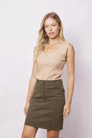 Kadın Cep Detaylı Diz Üstü Hafif Likralı Pamuklu Kumaş Kalem Etek-haki Haki