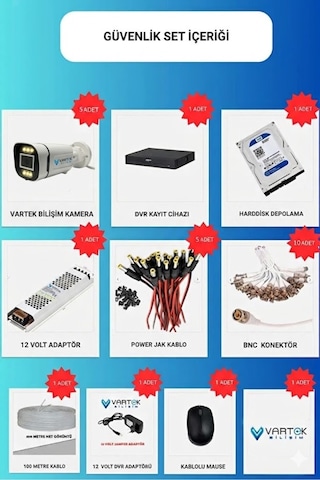 5 Kameralı 6 Atom Led Gece Renkli Görüşlü Güvenlik Kamerası Seti + 500 Gb Hdd