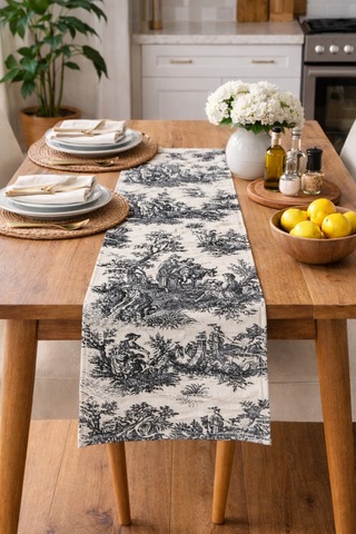 Toile De Jouy %100 Pamuk Dekoratif Masa Runner 40x110 Cm - Zt310 Siyah
