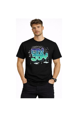 Herkesemoda Enjoy Yazı Detaylı Basic Erkek T-shirt Siyah