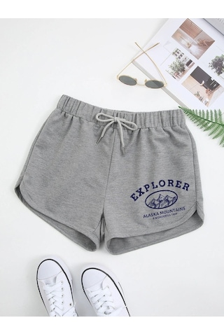 Gri Explorer Bermuda Penye Şort Kordonlu Baskılı Gri