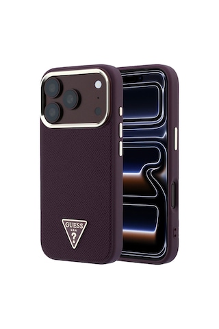 Apple iPhone 18 Pro Uyumlu Kılıf Guess Lisanslı M-safe Şarj Özellikli Grained Triangle Kapak Bordo