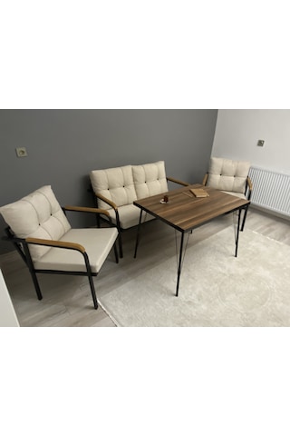 Modern Dünya Balkon, Bahçe, Cafe - Metal Kanepe Koltuk Takımı - 2+1+1 + Masa Krem Modernsh35 Krem