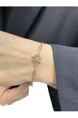 MaGold İtalyan Işıltılı Ataç Yonca Çok Şık Altın Bileklik Altın Sarı Altın