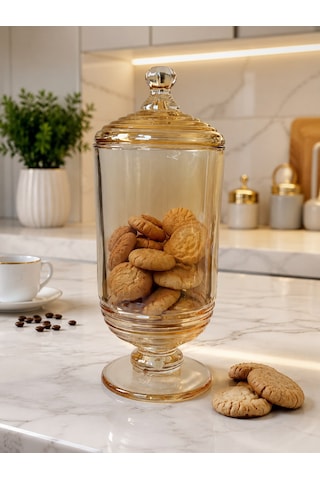 Chacha Home Halkalı Cam Kapaklı Ayaklı Drajellik & Şekerlik 780 Ml - 24 Cm Bal Rengi