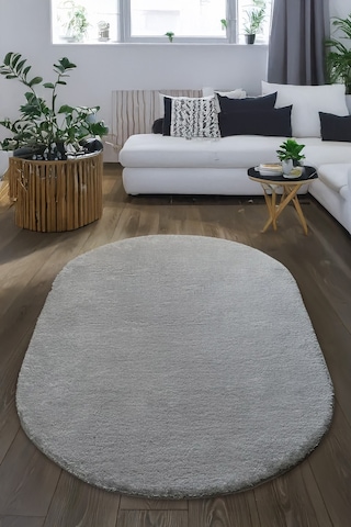 Gri Oval Post Halı Kesme Yolluk Peluş Yumuşak Kaymaz Dot Taban