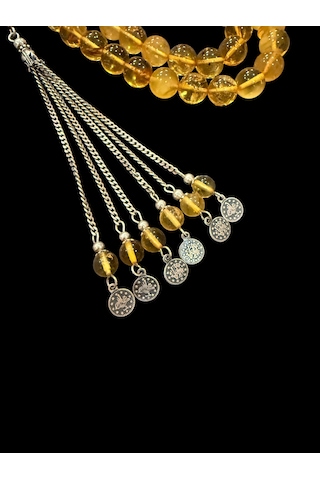 Kaya Damla Kehribar Tesbih 23 Gram 10x10 Mm Gümüş Püsküllü Tespih Sarı