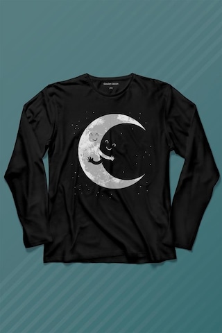Uzayda Sarılan Ay Aşık Smile Cosmos Gülümsemesi Uzun Kollu Tişört Baskılı T-shirt 001