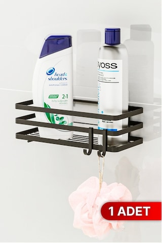 Banyo Düzenleyici Şampuanlık Sabunluk 1 Adet Lamalı Yapışkanlı 2 Askılı Duş Rafı Organizer Siyah