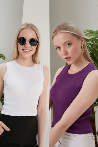 Catspy Kadın Halter Yaka 2'li Crop Bluz Atlet Beyaz - Mor