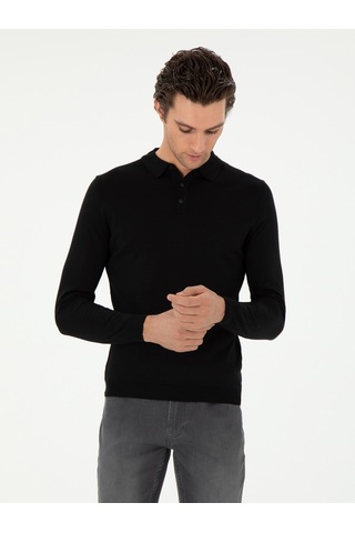 Cacharel Siyah Slim Fit Yün Karışımlı Polo Yaka Basic Triko Kazak