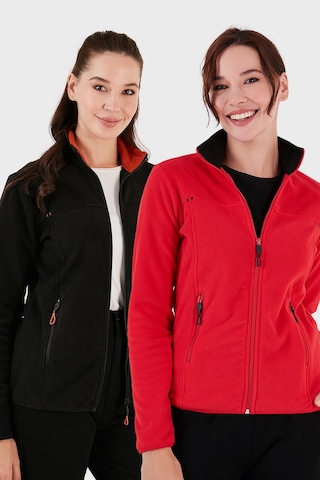 Lela Slim Fit Anti-Pilling Tüylenme Yapmayan Fermuarlı Cepli Hırka 2' Li Paket Bayan Polar 5907002S2 Kırmızı-Siyah