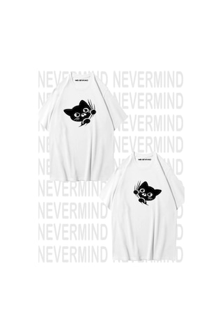 Nevermind Sevimli Cat Temalı Unisex Çift Tişörtü Beyaz