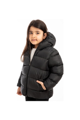 Kız Çocuk Siyah İçi Polarlı Kapüşonlu Su Geçirmez Rüzgara Dayanıklı Şişme Kışlık Mont & Kaban Siyah