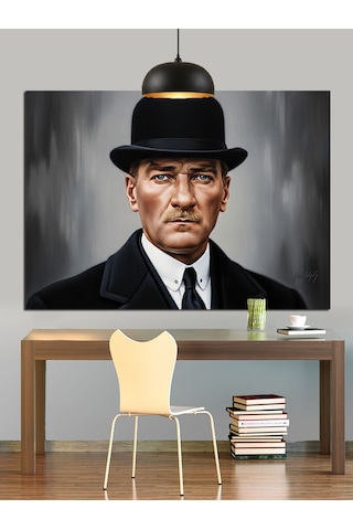 Şapkalı, Mustafa Kemal Atatürk Portresi Dekoratif Kanvas - Mdf Ahşap Tablo
