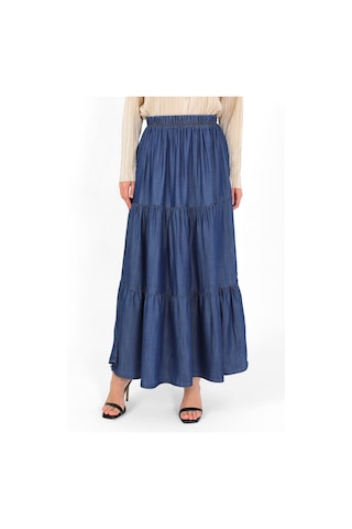 Beli Lastikli Büzgülü Tensel Etek Koyu Mavi