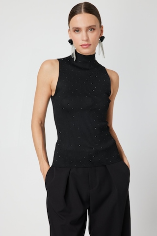 On Kadın Taşlı Kolsuz Triko Bluz 66375 Siyah Siyah