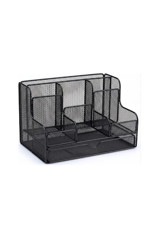 Temel Siyah Metal Mesh Masaüstü Organizer Çekmeceli Çok Bölmeli 25x17x16 Cm 9527b