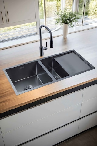 Naz Serisi %100 Krom 95x45 İki Göz Paslanmaz Mutfak Eviyesi, Mutfak Lavabosu Sifon Dahil Siyah